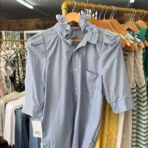 Blue Checkered Ruffle Collar Blouse